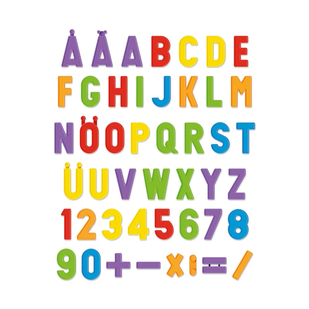 Tableta magnetica Quercetti Litere si Numere – litere, cifre și semne matematice colorate