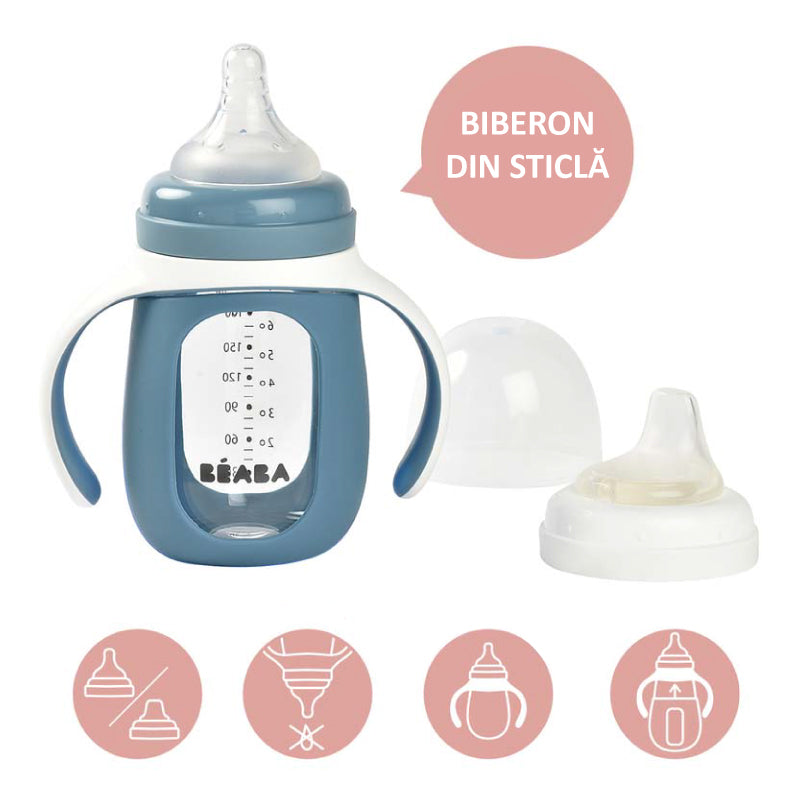 Biberon de invatare 2 in 1 din Sticla Beaba 210 ml Windy Blue