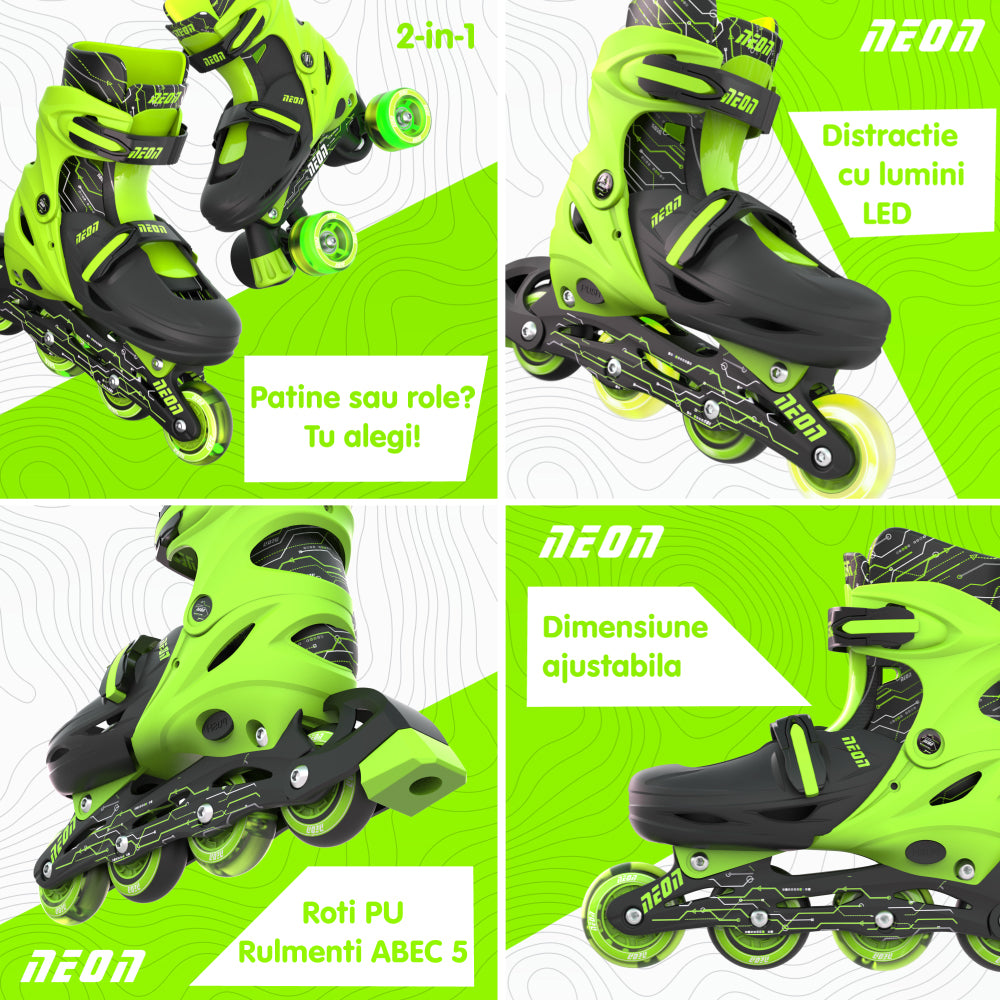 Role 2 in 1 Neon Combo Skates Marime 30-33 Green Roti LED