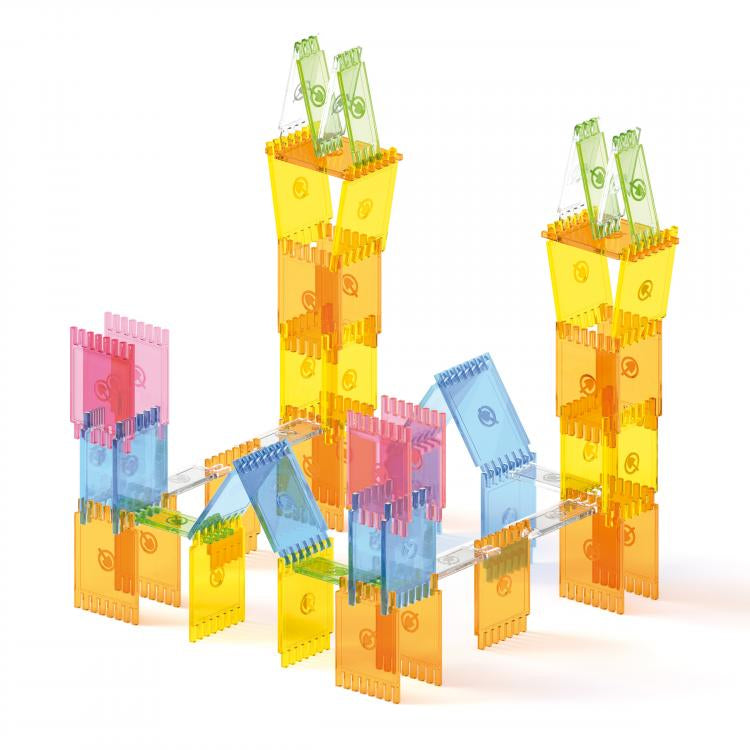 Set constructie Quercetti Playform, 60 piese – castel cu turnuri din plăcuțe transparente