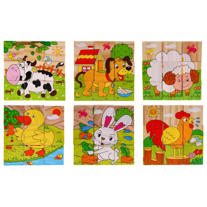 Puzzle din lemn Marionette 9 cuburi animale din ferma