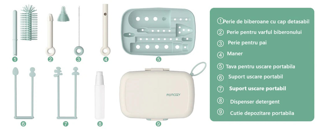 Kit perii si uscator biberoane Momcozy 7 in 1