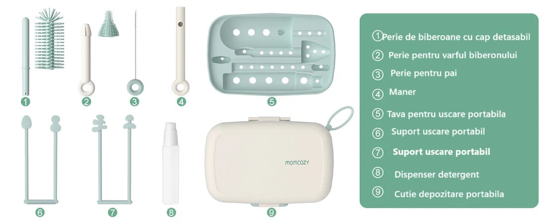 Kit perii si uscator biberoane Momcozy 7 in 1