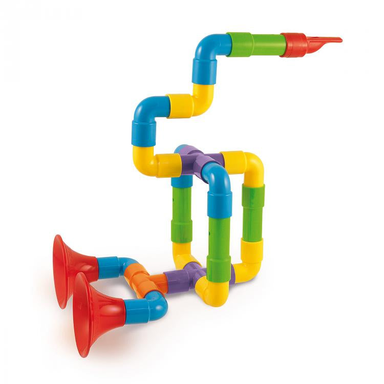 Set muzical Quercetti Super Saxoflaut, 24 piese – construcție cu tuburi verticale și capăt de trompetă