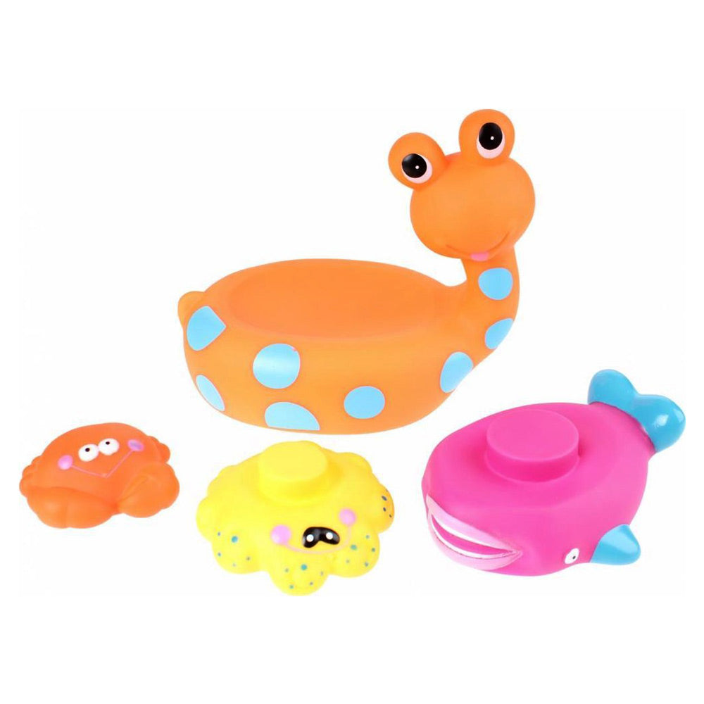 Jucarie de baie Eddy Toys melc cu 3 animale marine din cauciuc Portocaliu