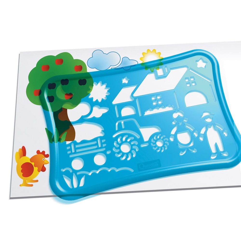 Set sabloane desen Quercetti Ferma – șablon albastru cu tractor și copac