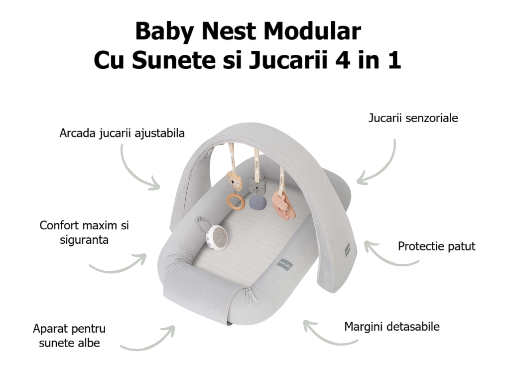 Baby Nest Modular Sleepee 4 in 1 cu Arcada de Jucarii si Aparat Sunete, Laterale Detasabile, Sand
