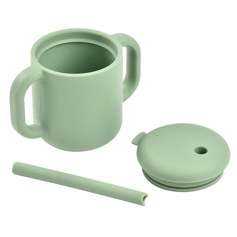 Cana de antrenament cu pai din silicon Beaba Sage Green