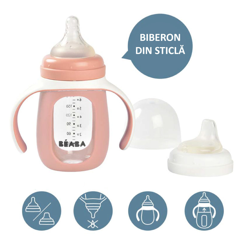 Biberon de invatare 2 in 1 din Sticla Beaba 210 ml Old Pink