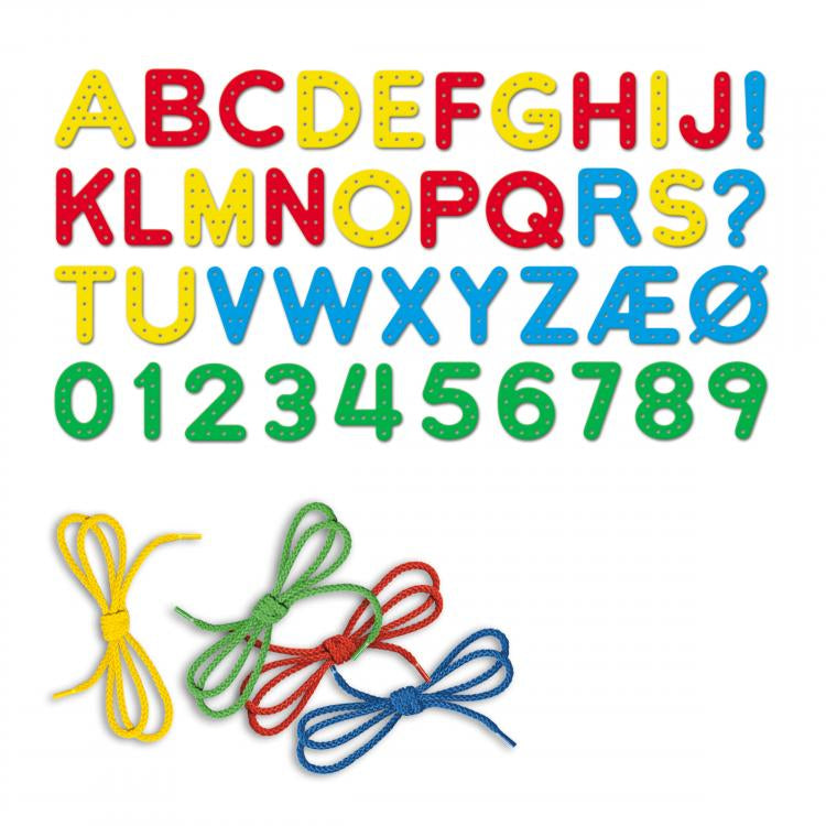 Joc cu sireturi Quercetti Montessori ABC+123 – litere, cifre și șireturi colorate