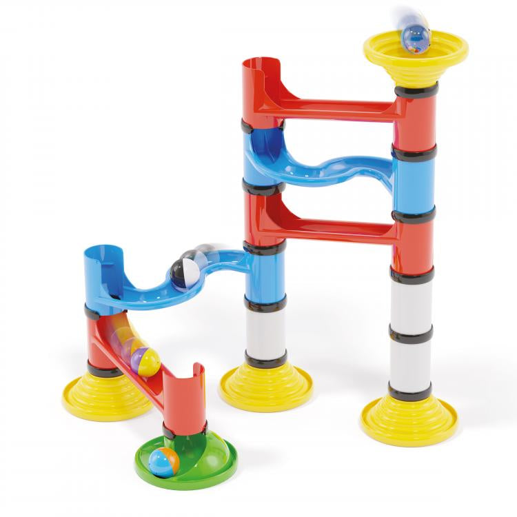 Pista cu bile Quercetti Migoga Junior Marble Run – traseu cu pâlnie galbenă și rampă albastră