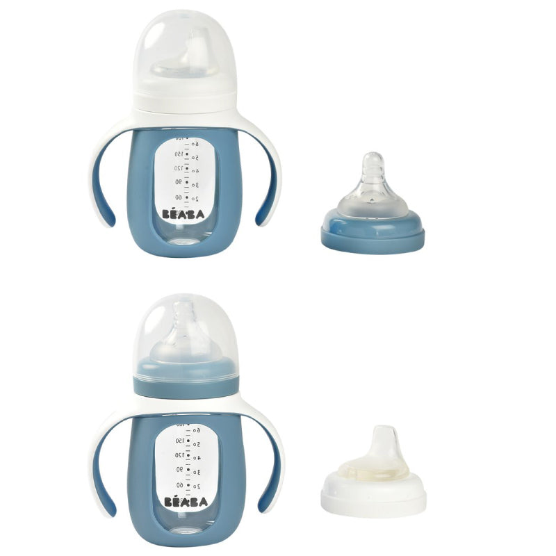 Biberon de invatare 2 in 1 din Sticla Beaba 210 ml Windy Blue