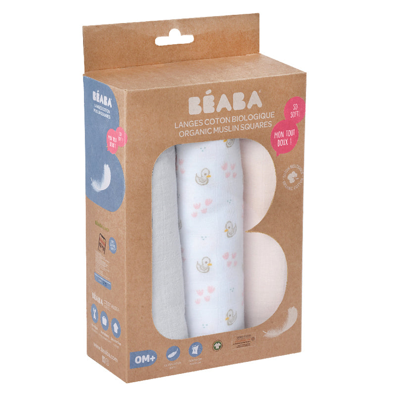 Set 3 Museline Beaba Bumbac Organic 70x70 cm Swan Pink