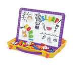 Tabla magnetica Quercetti Magnetino Litere Mari – tablă cu desene, litere și cutie deschisă