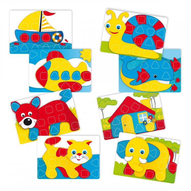 Joc mozaic Quercetti Fantacolor Baby, 24 piese – șabloane cu animale și vehicule