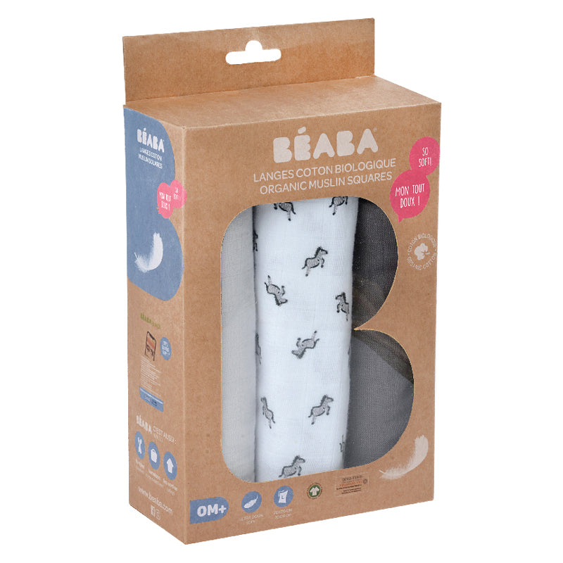 Set 3 Museline Beaba Bumbac Organic 70x70 cm Savana Grey