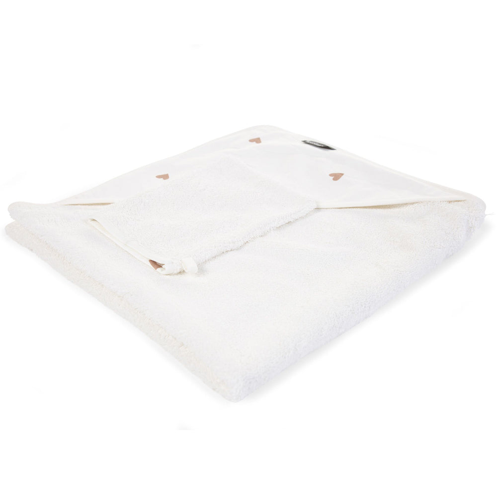 Prosop cu gluga si manusa de baie Childhome Jerse Frotir 80x80 cm, Inimioare
