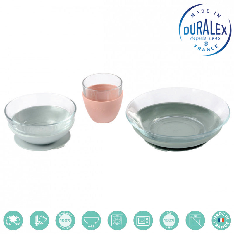 Set de masa 3 piese din sticla Duralex Beaba cu suport antiaderent Eucalyptus