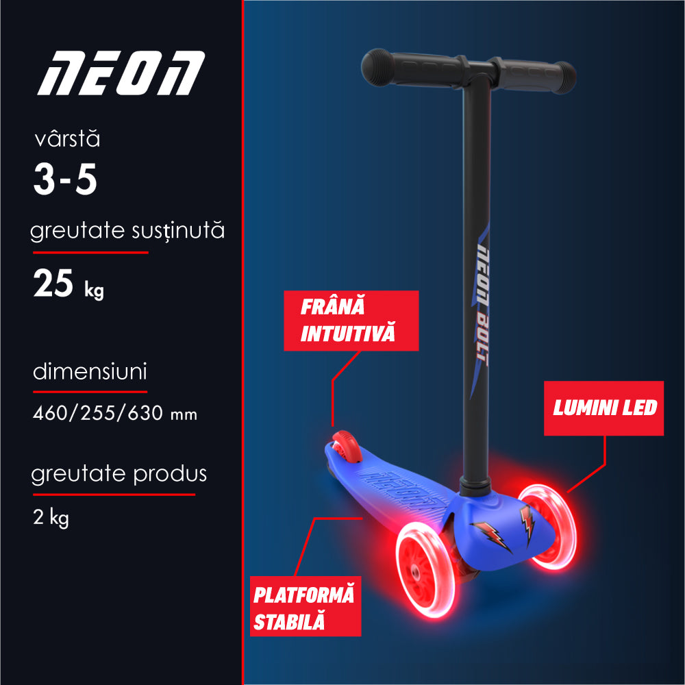 Trotineta 3 Roti Neon Bolt Blue Roti LED Copii 3-5 Ani
