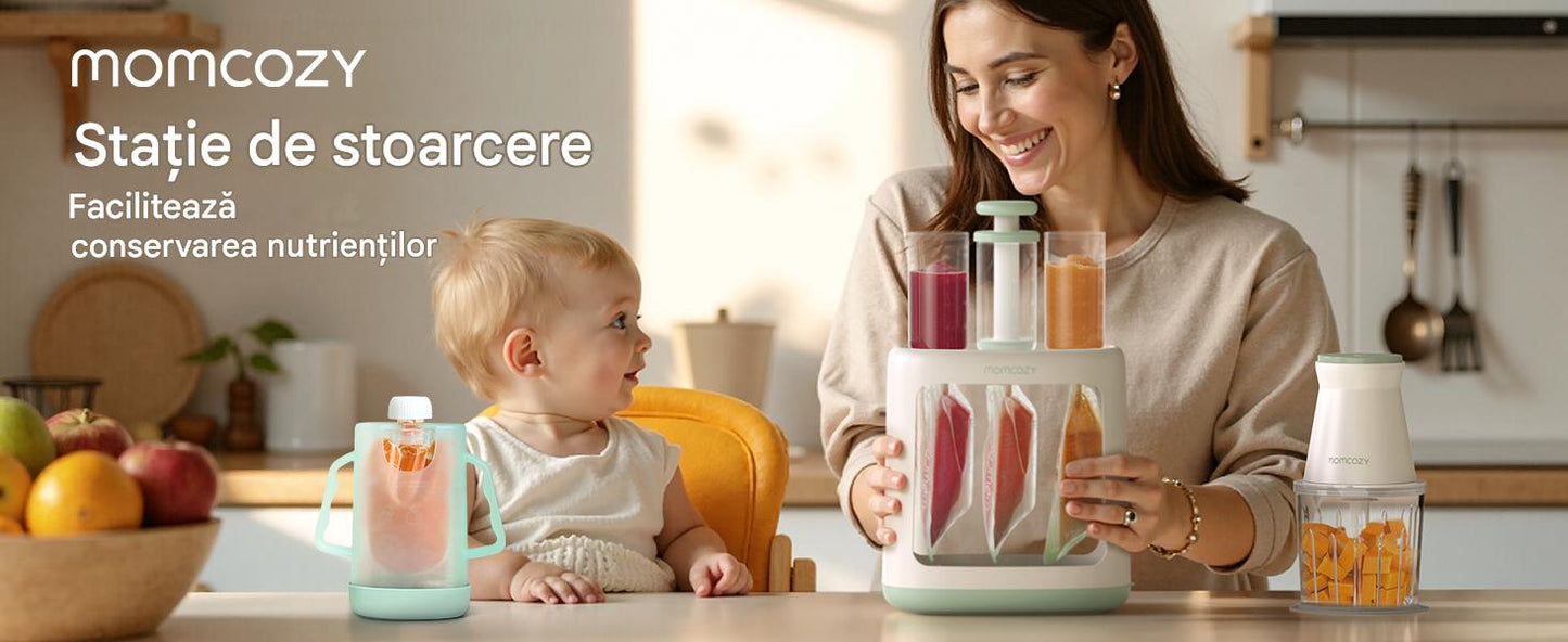 Statie Umplere Pungi Piure Bebelusi Momcozy Fara BPA cu 5 Pungi Reutilizabile