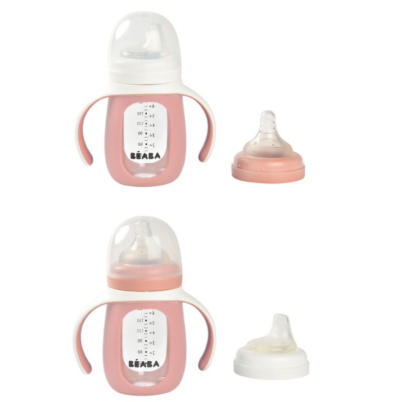 Biberon de invatare 2 in 1 din Sticla Beaba 210 ml Old Pink