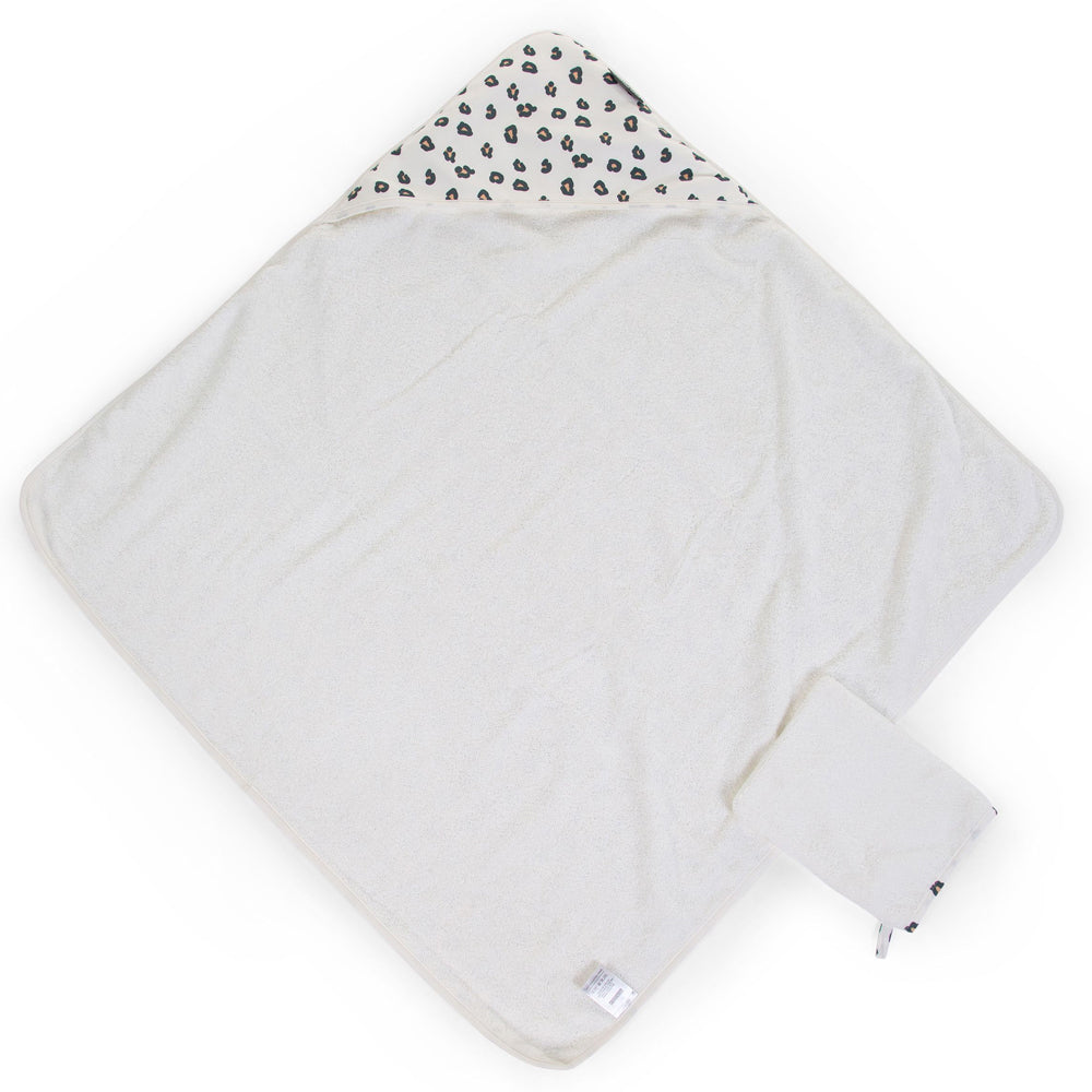 Prosop cu gluga si manusa de baie Childhome Jerse Frotir 80x80 cm, Leopard