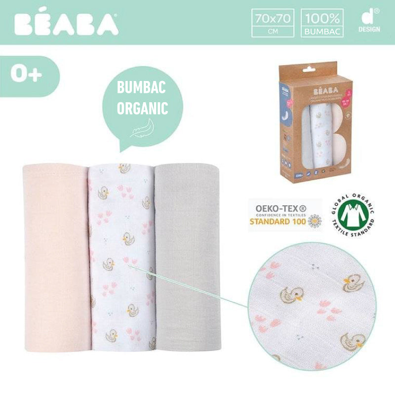 Set 3 Museline Beaba Bumbac Organic 70x70 cm Swan Pink