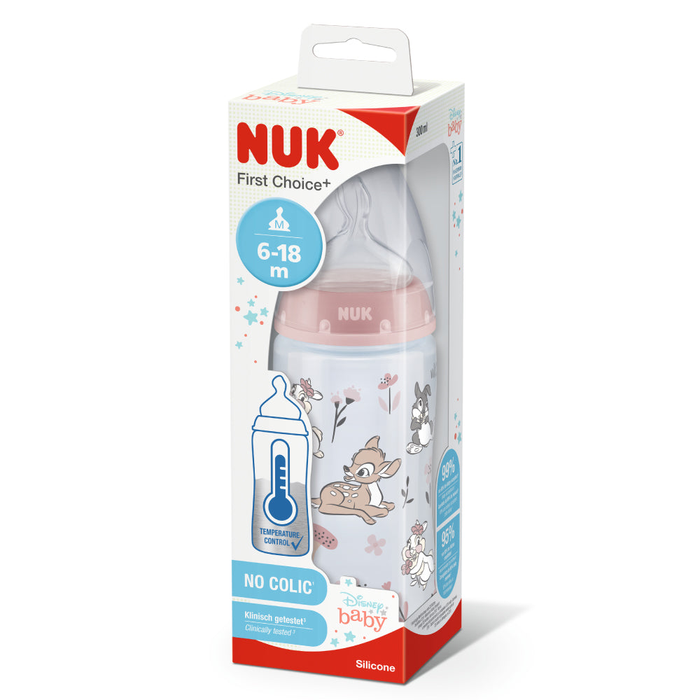 Biberon Nuk First Choice PP 300 ml, Control Temperatura, Tetina Silicon M, 6-18 luni, Disney Bambi