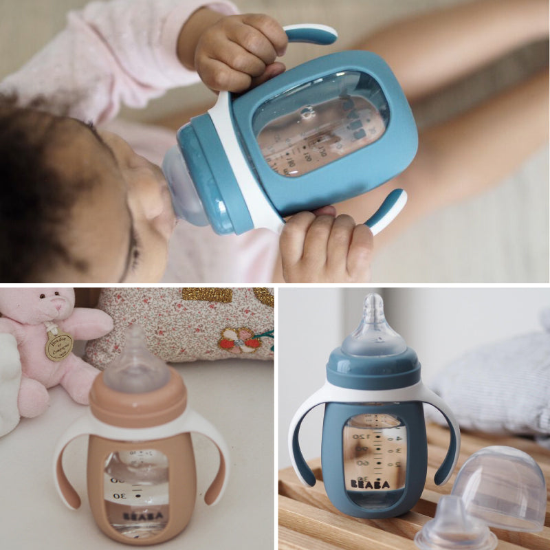 Biberon de invatare Beaba 2 in 1 din sticla 210 ml