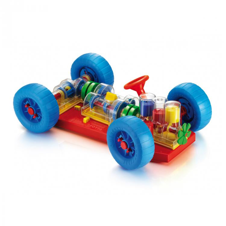 Masinuta constructie Quercetti Isotta Discovery Car – mașinuță cu roți albastre și mecanisme vizibile