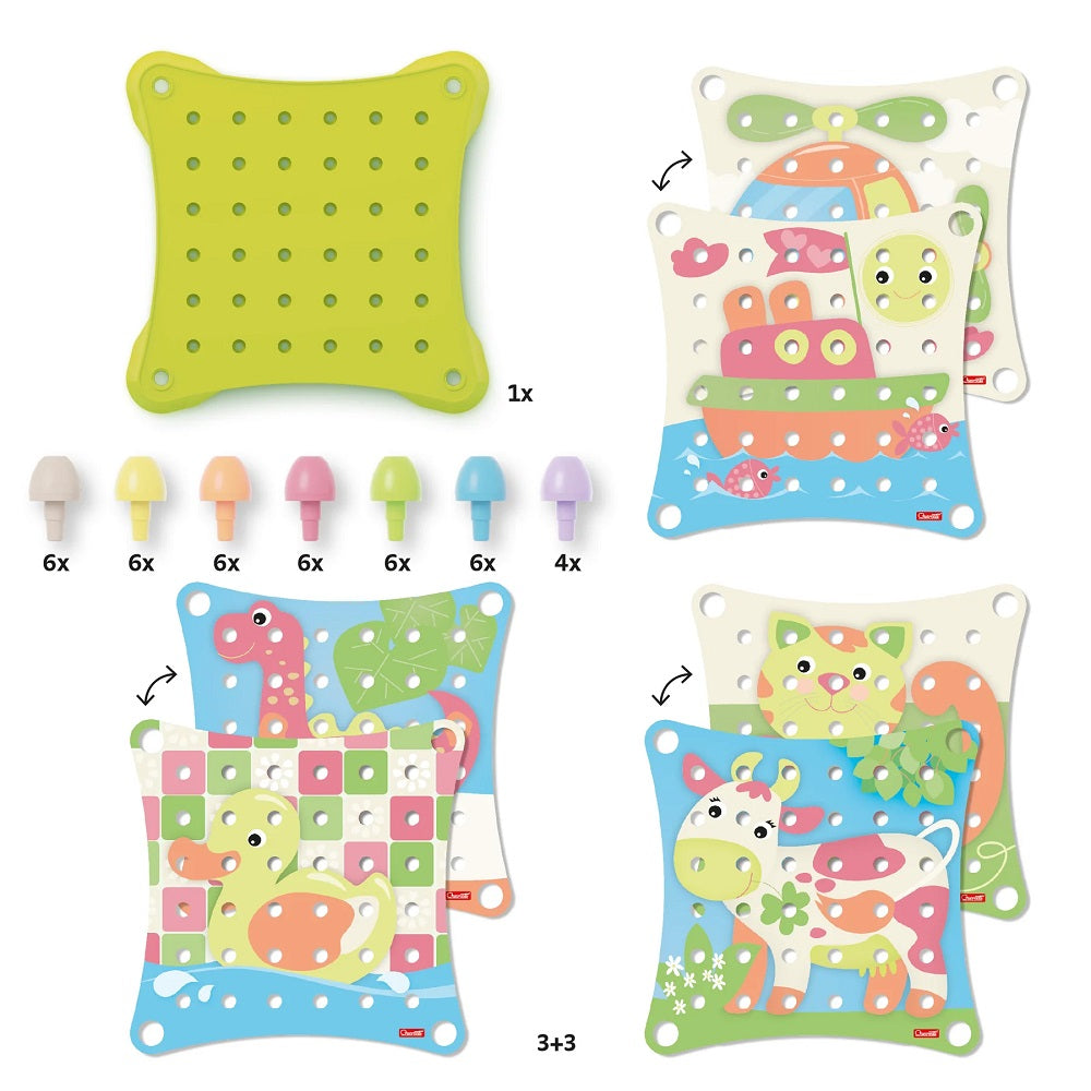 Joc mozaic Quercetti Jumbo Peggy Evo Eco+, 40 piese – bază perforată, piese pastel și planșe ilustrate