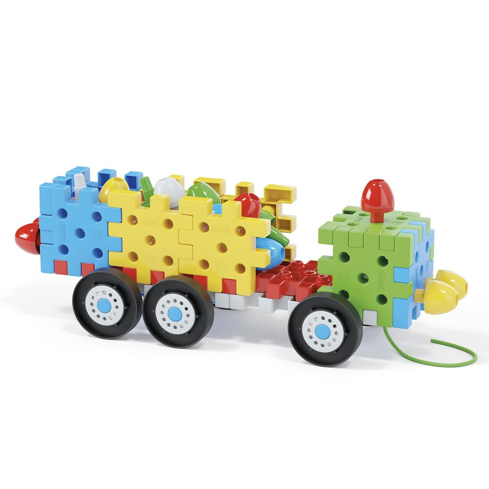 Set constructie Quercetti Jumbo Peggy Vehicule – vehicul cu roți și șiret de tractare