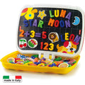 Tabla magnetica Quercetti Combi ABC+123 – cutie deschisă cu litere și numere magnetice