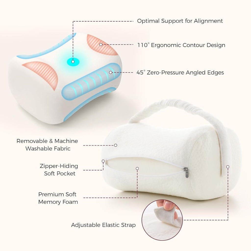 Perna pentru Genunchi – Spumă cu Memorie, Design Ergonomic pentru Dormitul pe o Parte, Curea Elastică Reglabilă, Suport pentru Genunchi și Picioare- MOMCOZY