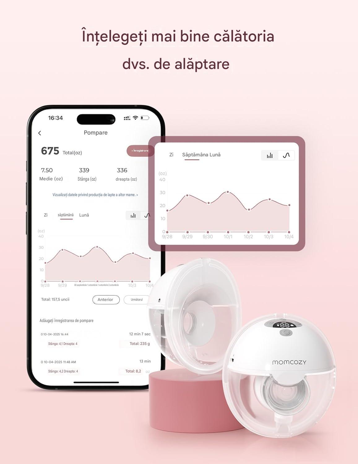 Pompa de San Portabila Dubla Momcozy M5 Smart cu Conectivitate Mobila - Gri Set 2 buc