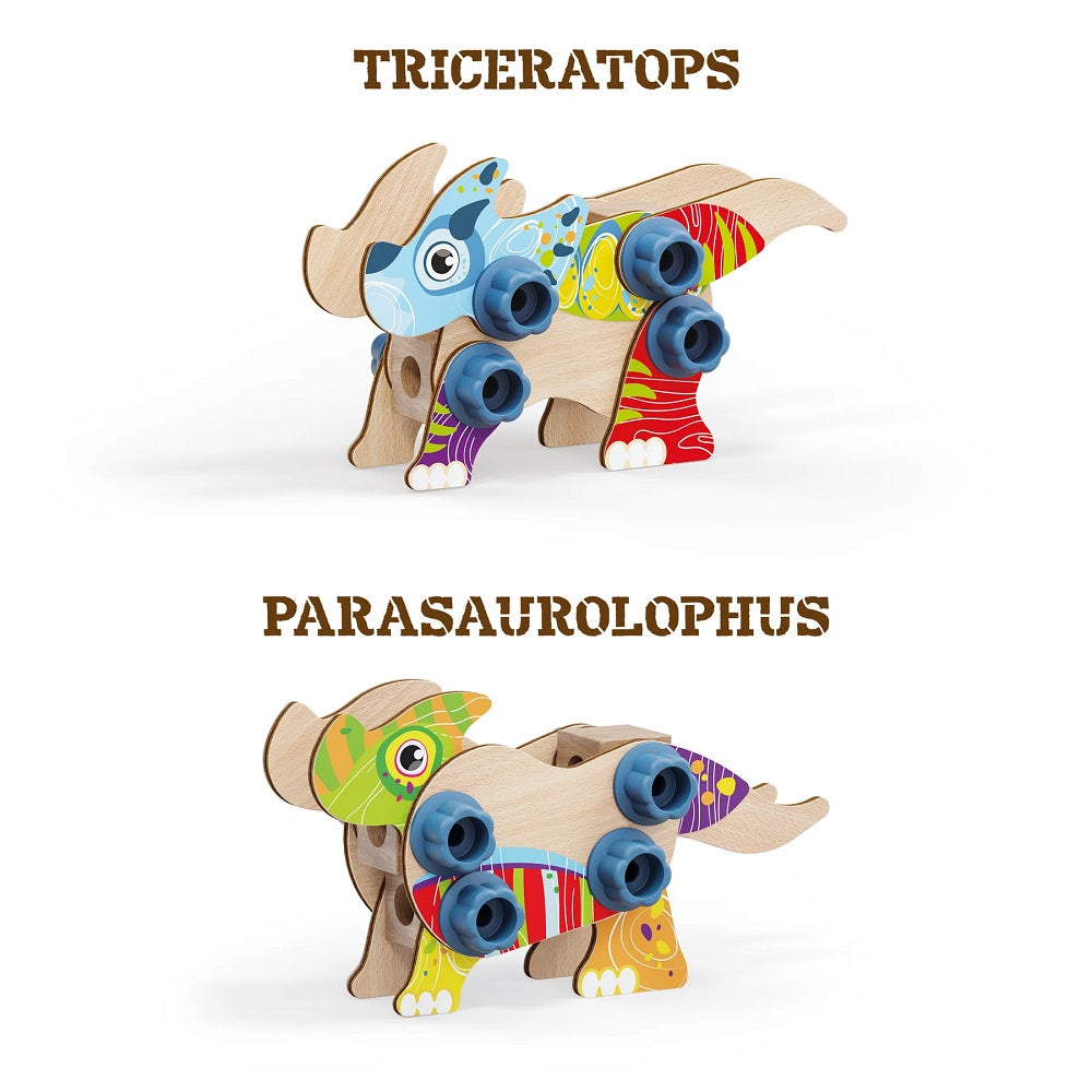 Set constructie dinozauri Quercetti Bio – modele Triceratops și Parasaurolophus