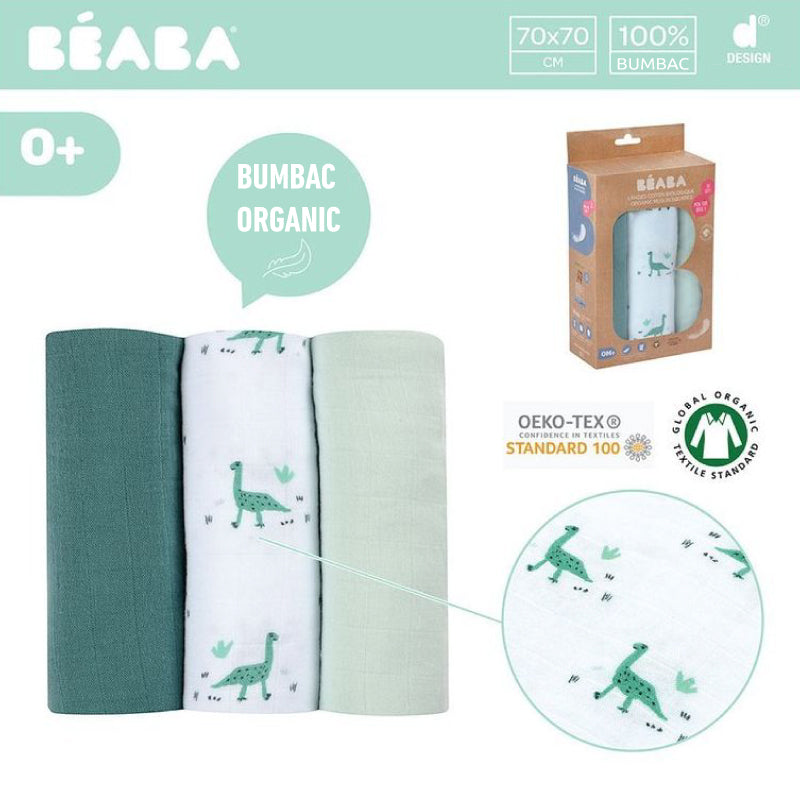 Set 3 Museline Beaba bumbac organic 70x70 cm Jurassic Green