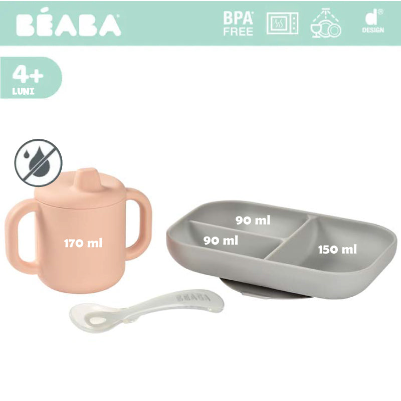 Set de masa silicon cu cana Beaba Old Pink