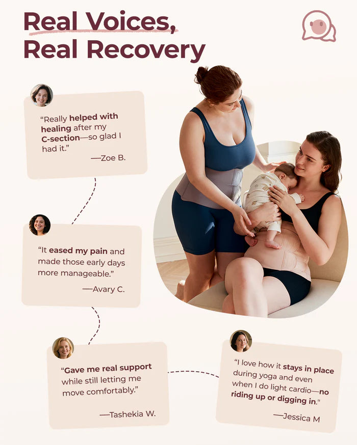 Centura abdominală postpartum pentru recuperare naturală și după cezariană cu ridicare 3D a abdomenului și suport ergonomic pentru spate Modelator pentru recuperare postoperatorie- Momcozy Ergowrap™ Postpartum Belly Band Oyster Pink marime M Petite