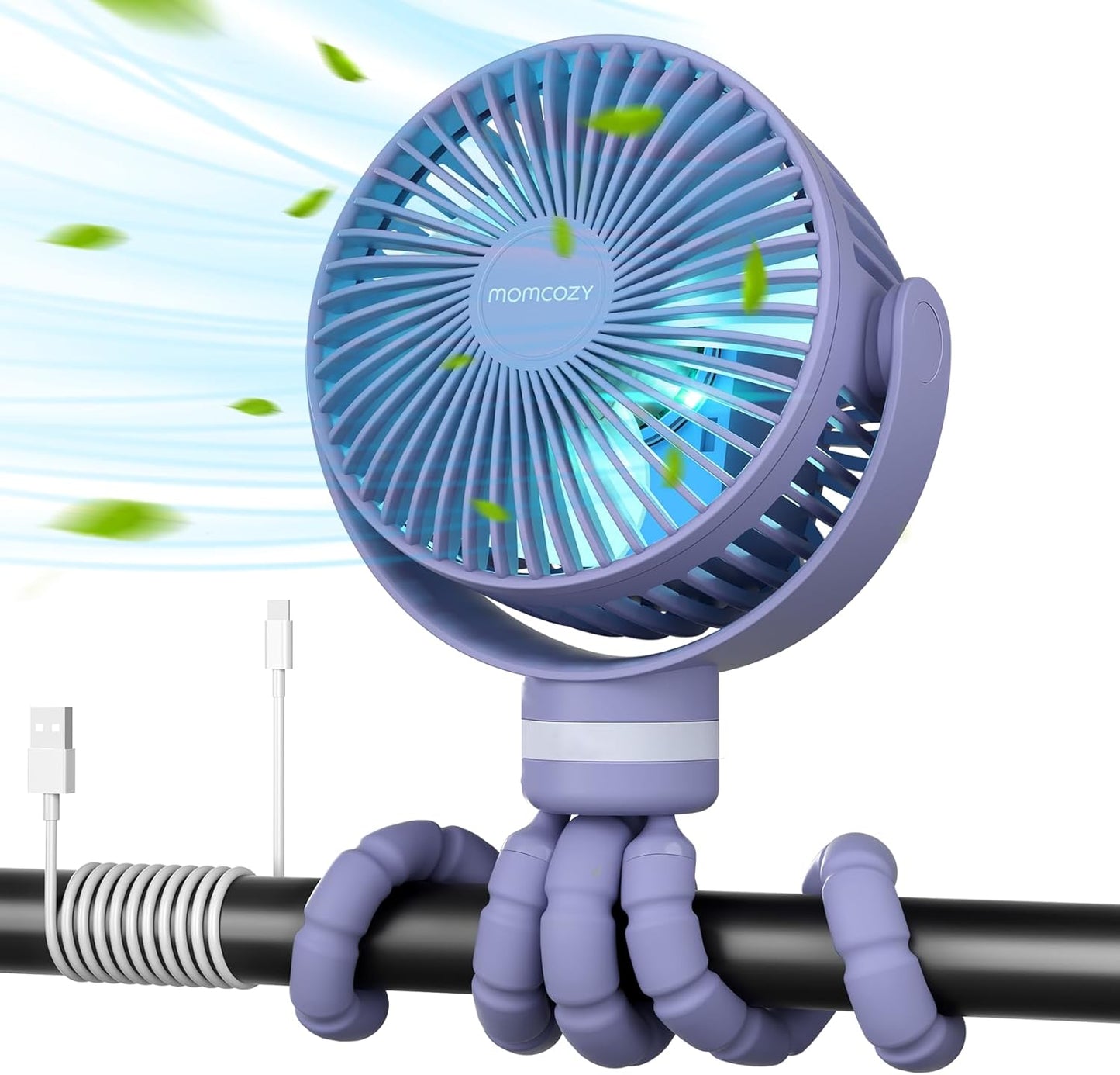 Ventilator 360 grade MULTIFUNCTIONAL portabil pentru carucior Momcozy, 4 viteze,cu acumulator 8000 mAh si Lumina Led - Mov MOMCOZY