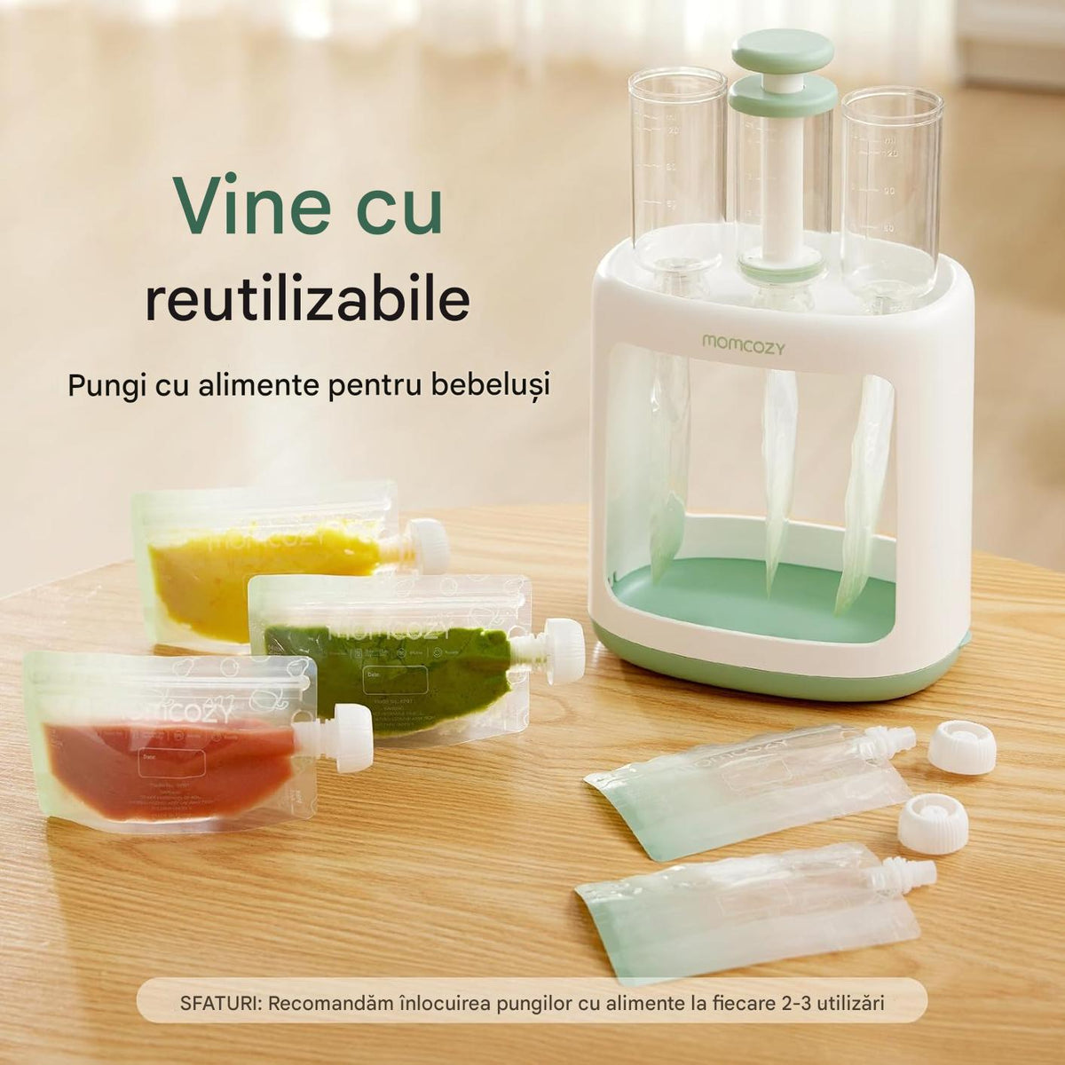 Statie Umplere Pungi Piure Bebelusi Momcozy Fara BPA cu 5 Pungi Reutilizabile