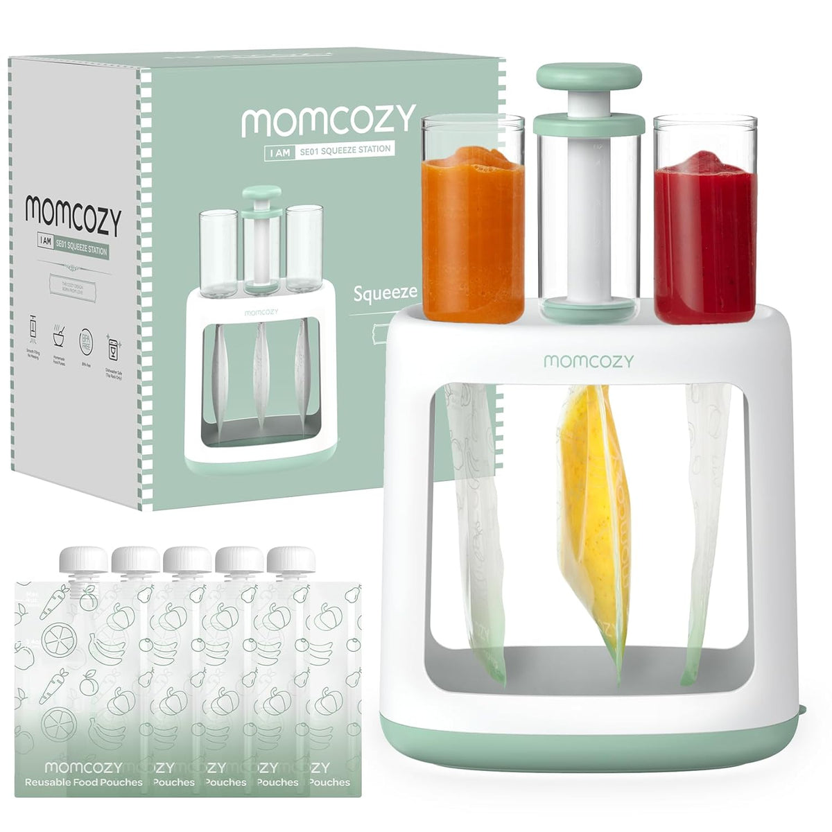 Statie Umplere Pungi Piure Bebelusi Momcozy Fara BPA cu 5 Pungi Reutilizabile