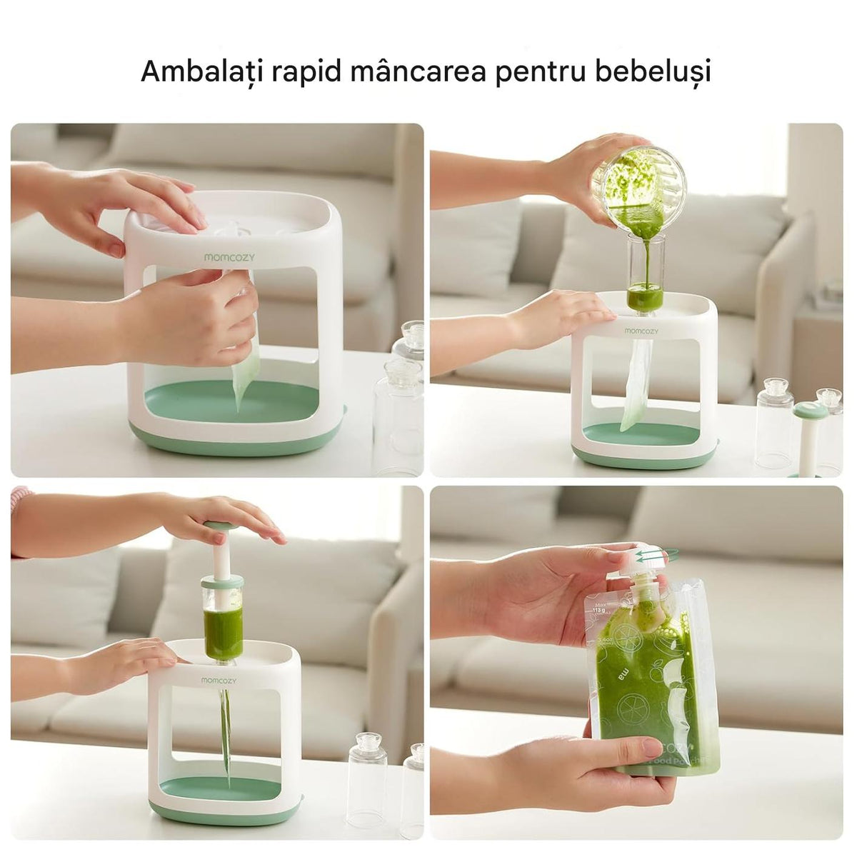 Statie Umplere Pungi Piure Bebelusi Momcozy Fara BPA cu 5 Pungi Reutilizabile