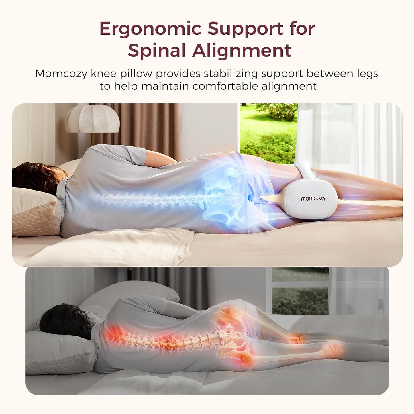 Perna pentru Genunchi – Spumă cu Memorie, Design Ergonomic pentru Dormitul pe o Parte, Curea Elastică Reglabilă, Suport pentru Genunchi și Picioare- MOMCOZY