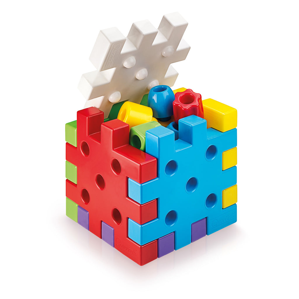Set constructie Quercetti Qubo Primele Mele Cuburi – cub multicolor deschis și piese rotunde