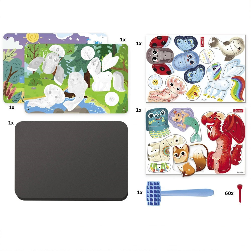 Joc creativ Quercetti Tap Tap Animale, 36 piese moi – tabla, planșele, animalele și ciocănelul