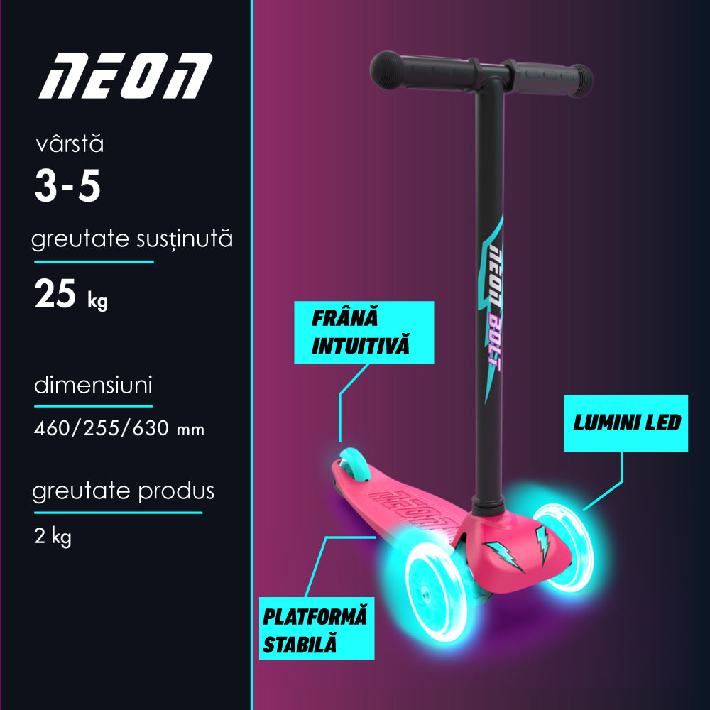 Trotineta cu 3 roti Neon Bolt cu roti LED si Lean-to-steer