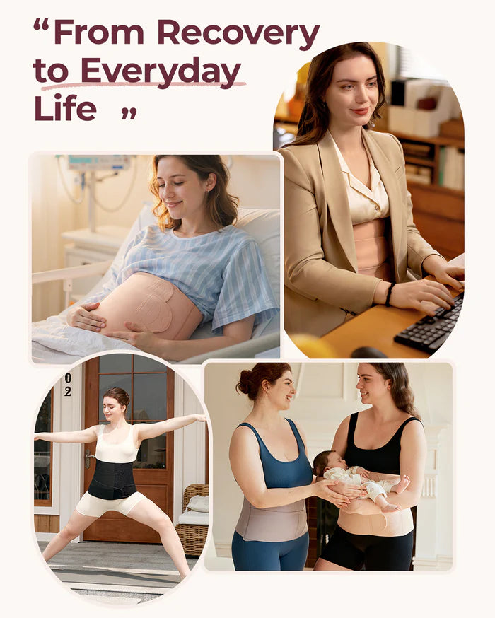 Centura abdominală postpartum pentru recuperare naturală și după cezariană cu ridicare 3D a abdomenului și suport ergonomic pentru spate Modelator pentru recuperare postoperatorie- Momcozy Ergowrap™ Postpartum Belly Band Oyster Pink marime M Petite
