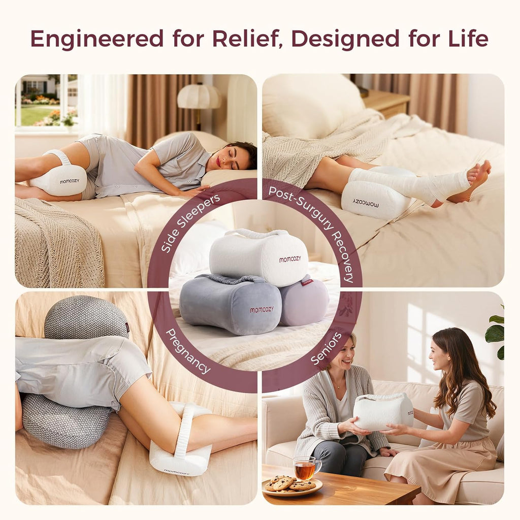 Perna pentru Genunchi – Spumă cu Memorie, Design Ergonomic pentru Dormitul pe o Parte, Curea Elastică Reglabilă, Suport pentru Genunchi și Picioare- MOMCOZY