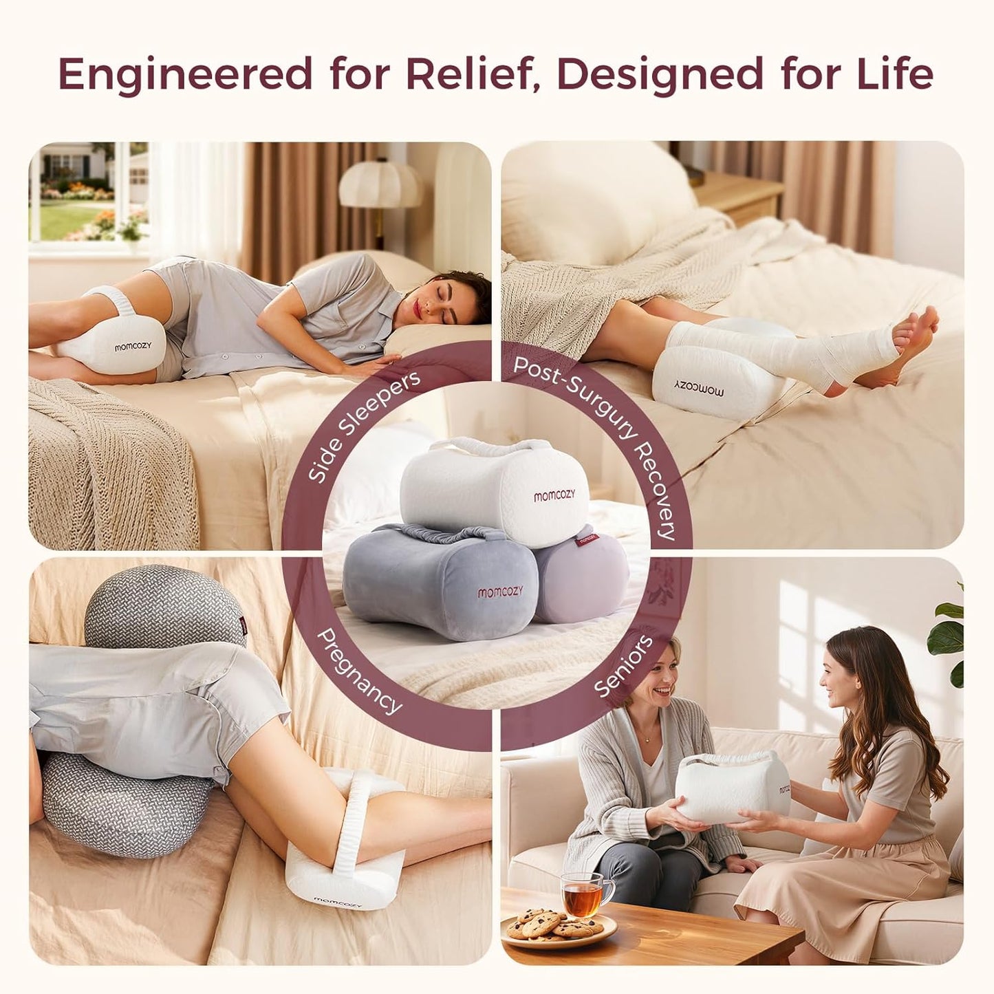Perna pentru Genunchi – Spumă cu Memorie, Design Ergonomic pentru Dormitul pe o Parte, Curea Elastică Reglabilă, Suport pentru Genunchi și Picioare- MOMCOZY